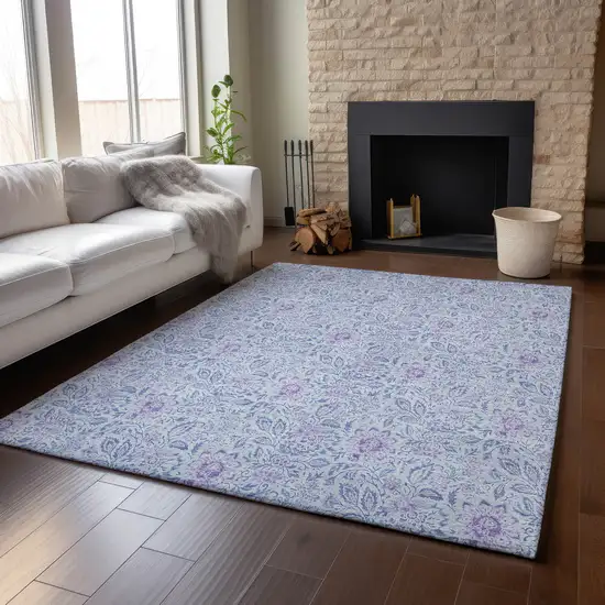 Sky Blue And Purple Floral Washable Area Rug With UV Protection Photo 5