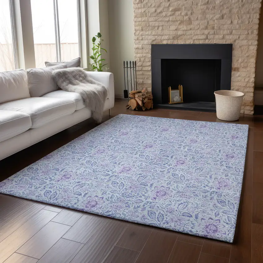 Sky Blue And Purple Floral Washable Area Rug With UV Protection Photo 5