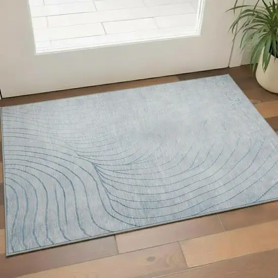 Sky Blue And Silver Abstract Washable Area Rug With UV Protection Photo 2