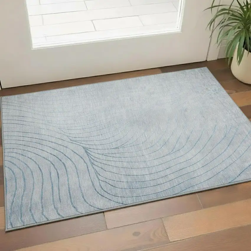 Sky Blue And Silver Abstract Washable Area Rug With UV Protection Photo 2
