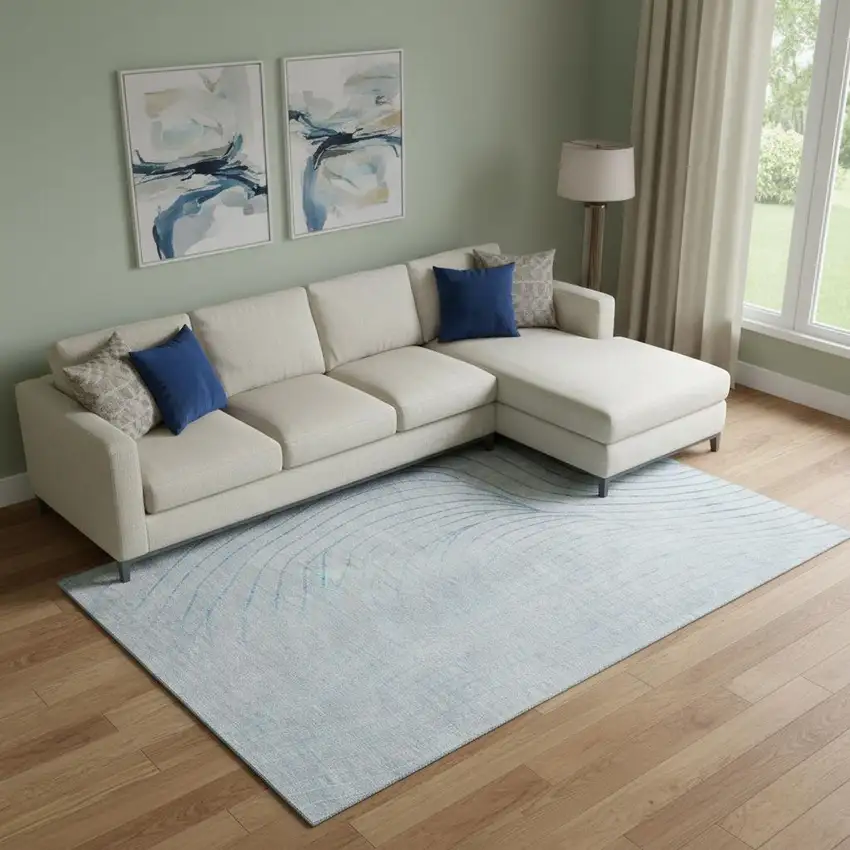 Sky Blue And Silver Abstract Washable Area Rug With UV Protection Photo 2