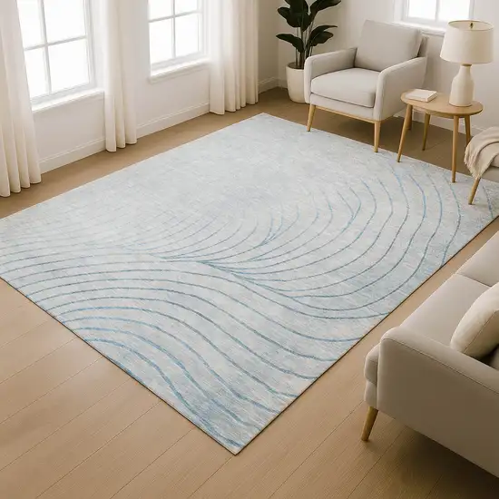 Sky Blue And Silver Abstract Washable Area Rug With UV Protection Photo 6