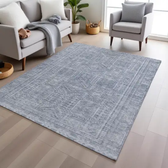 Sky Blue And Silver Geometric Washable Indoor Outdoor Area Rug Photo 6