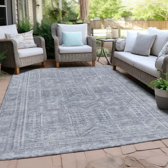 Sky Blue And Silver Geometric Washable Indoor Outdoor Area Rug Photo 5