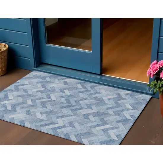 Sky Blue And Silver Geometric Washable Indoor Outdoor Area Rug Photo 1