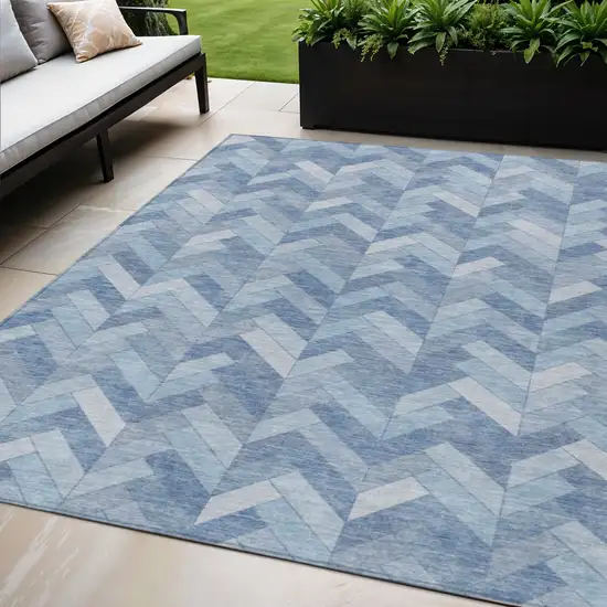 Sky Blue And Silver Geometric Washable Indoor Outdoor Area Rug Photo 1