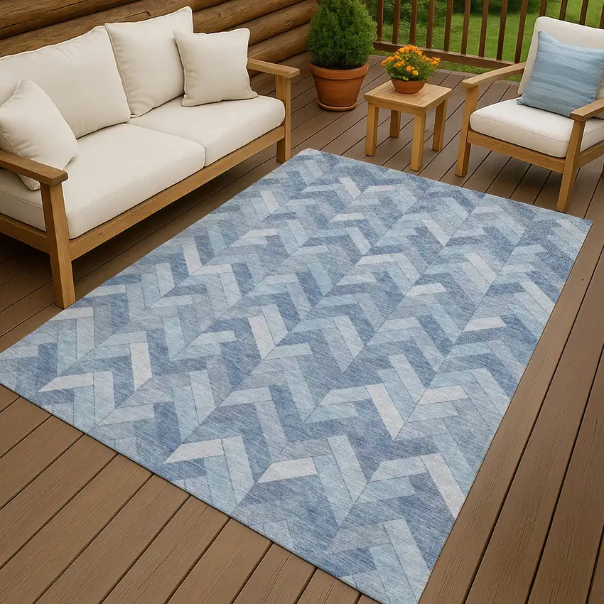 Sky Blue And Silver Geometric Washable Indoor Outdoor Area Rug Photo 9