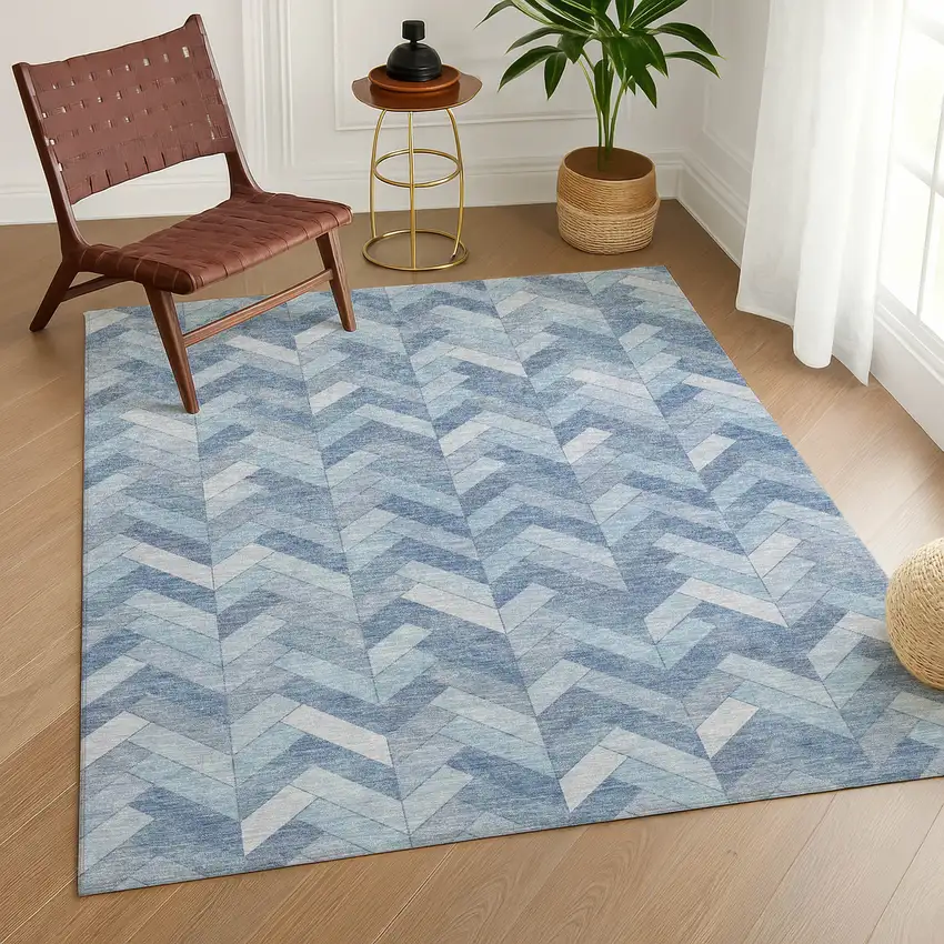 Sky Blue And Silver Geometric Washable Indoor Outdoor Area Rug Photo 9