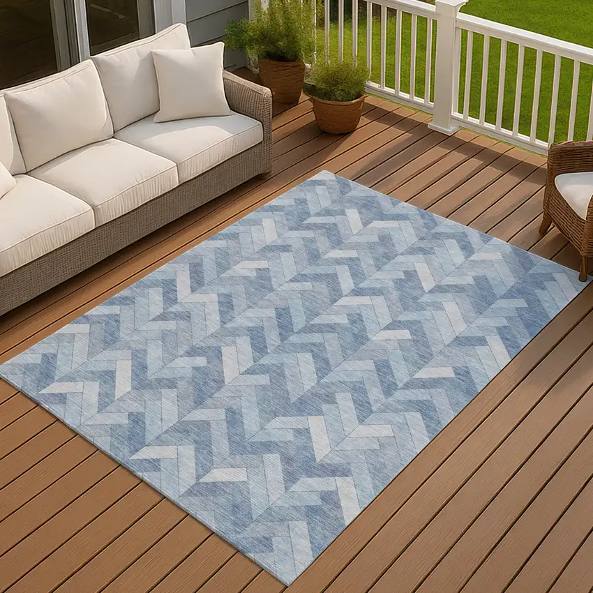 Sky Blue And Silver Geometric Washable Indoor Outdoor Area Rug Photo 7