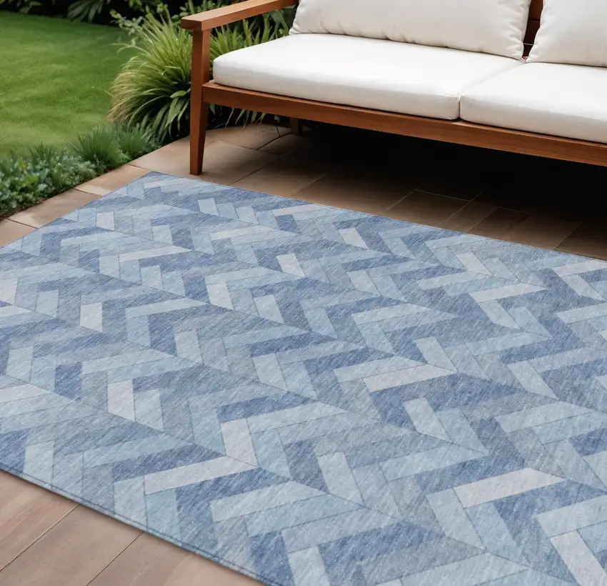 Sky Blue And Silver Geometric Washable Indoor Outdoor Area Rug Photo 1