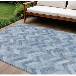 Photo of Sky Blue And Silver Geometric Washable Indoor Outdoor Area Rug