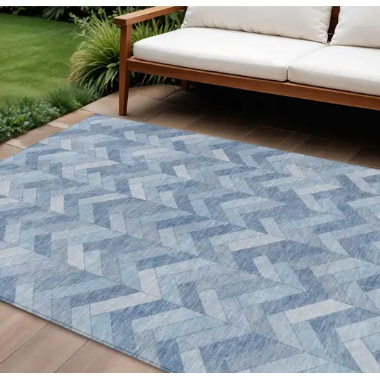 Sky Blue And Silver Geometric Washable Indoor Outdoor Area Rug Photo 1