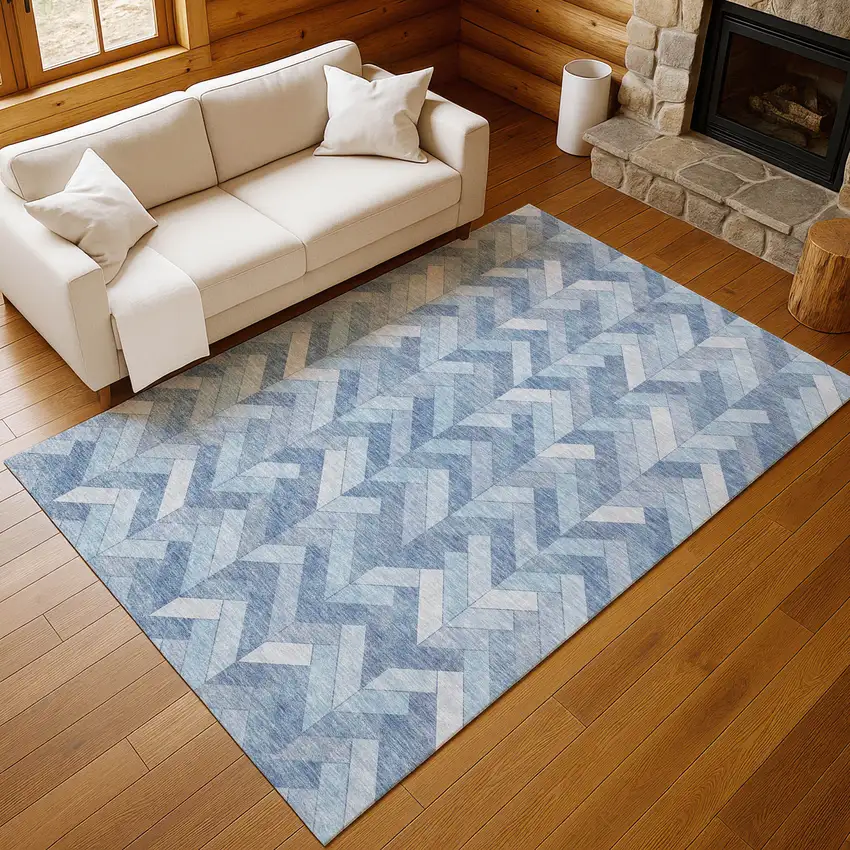 Sky Blue And Silver Geometric Washable Indoor Outdoor Area Rug Photo 8