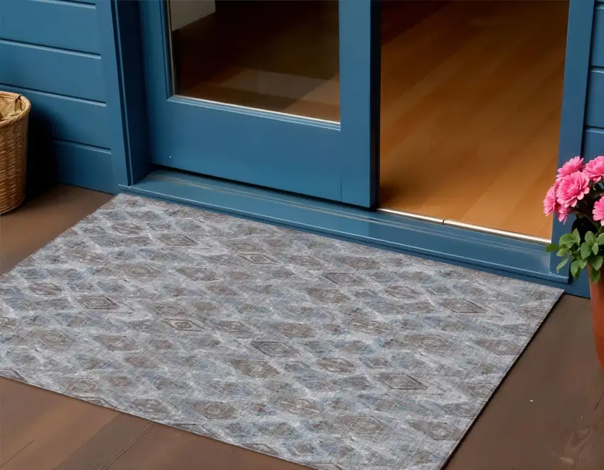 Sky Blue And Silver Geometric Washable Indoor Outdoor Area Rug Photo 1