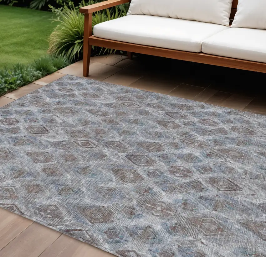 Sky Blue And Silver Geometric Washable Indoor Outdoor Area Rug Photo 1