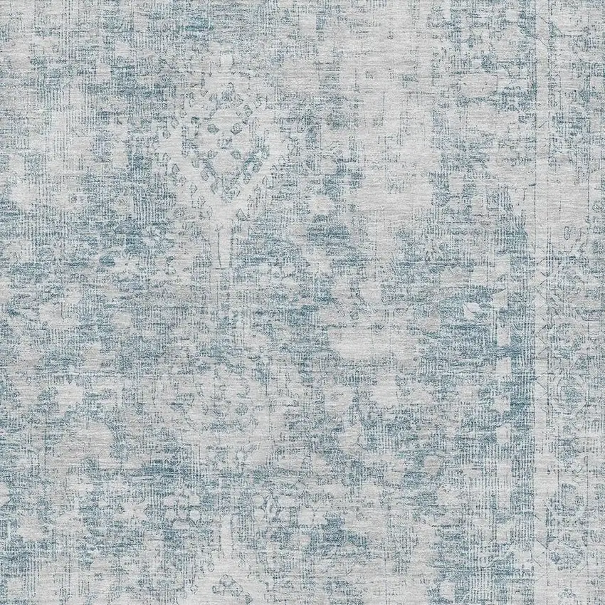 Sky Blue And Silver Oriental Washable Area Rug With UV Protection Photo 2