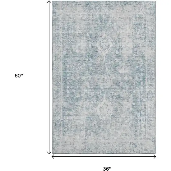 Sky Blue And Silver Oriental Washable Area Rug With UV Protection Photo 3