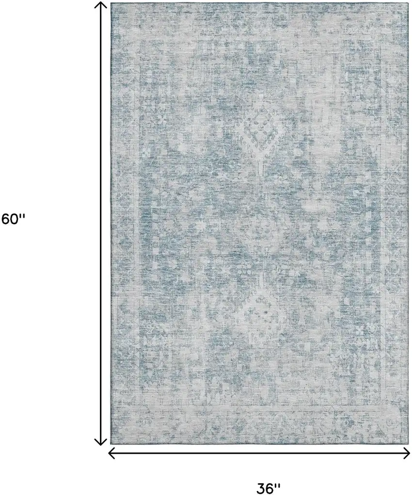 Sky Blue And Silver Oriental Washable Area Rug With UV Protection Photo 3