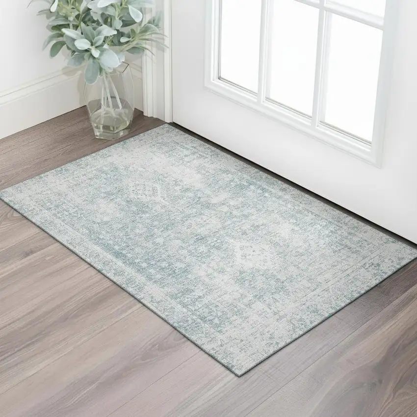 Sky Blue And Silver Oriental Washable Area Rug With UV Protection Photo 2