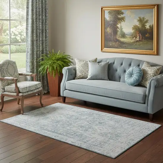 Sky Blue And Silver Oriental Washable Area Rug With UV Protection Photo 2