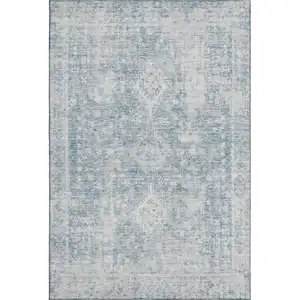 Photo of Sky Blue And Silver Oriental Washable Area Rug With UV Protection