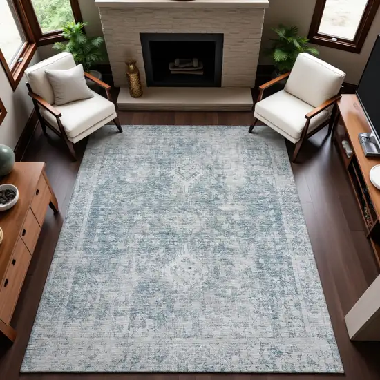 Sky Blue And Silver Oriental Washable Area Rug With UV Protection Photo 5