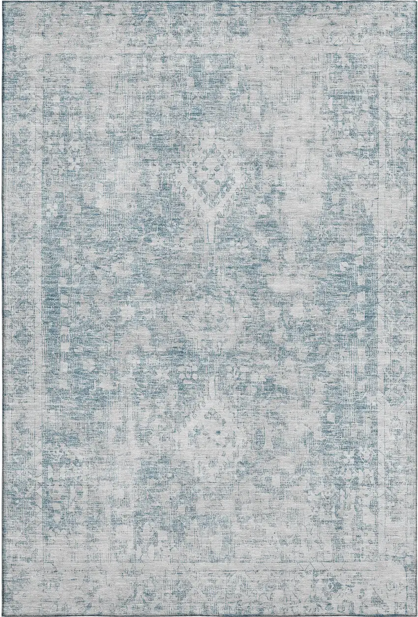 Sky Blue And Silver Oriental Washable Area Rug With UV Protection Photo 1