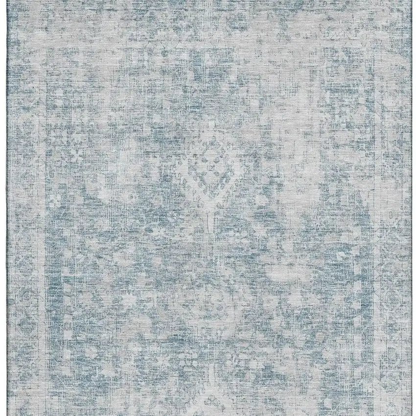 Sky Blue And Silver Oriental Washable Area Rug With UV Protection Photo 3