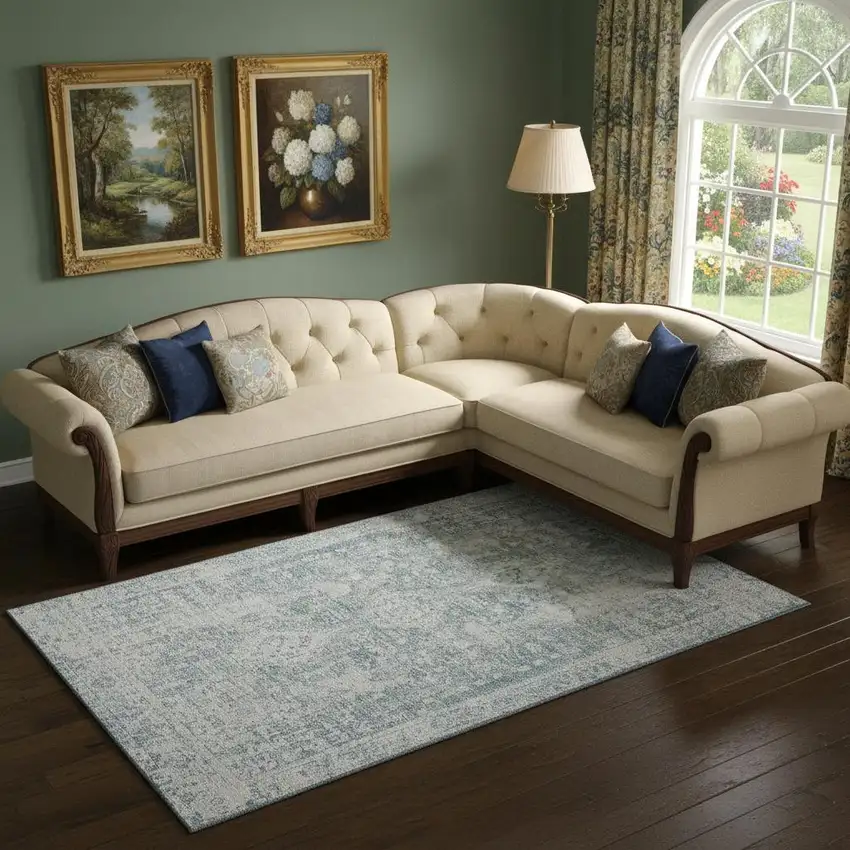 Sky Blue And Silver Oriental Washable Area Rug With UV Protection Photo 2