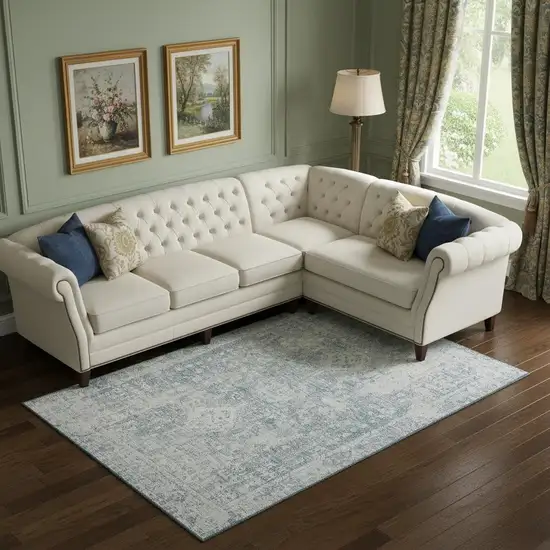 Sky Blue And Silver Oriental Washable Area Rug With UV Protection Photo 2