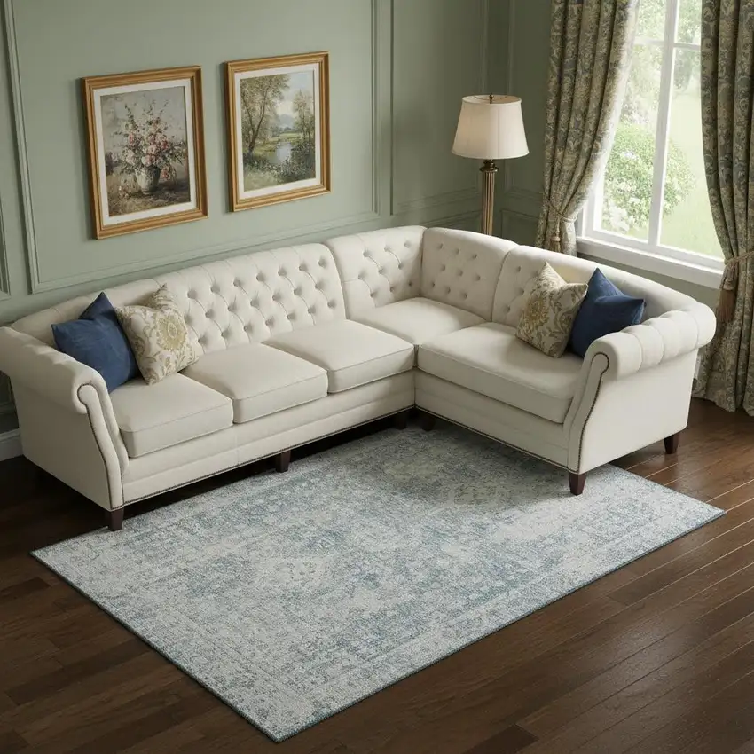 Sky Blue And Silver Oriental Washable Area Rug With UV Protection Photo 2