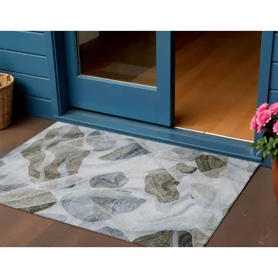 Sky Blue And Taupe Abstract Washable Indoor Outdoor Area Rug Photo 2