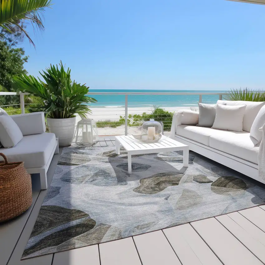 Sky Blue And Taupe Abstract Washable Indoor Outdoor Area Rug Photo 7