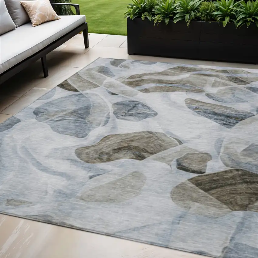 Sky Blue And Taupe Abstract Washable Indoor Outdoor Area Rug Photo 2