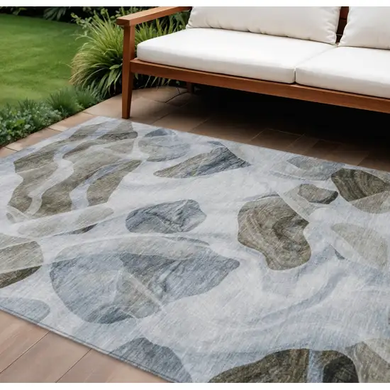 Sky Blue And Taupe Abstract Washable Indoor Outdoor Area Rug Photo 2