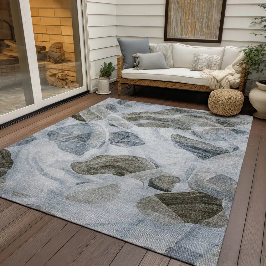 Sky Blue And Taupe Abstract Washable Indoor Outdoor Area Rug Photo 5