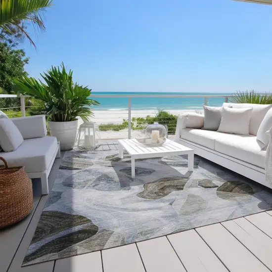 Sky Blue And Taupe Abstract Washable Indoor Outdoor Area Rug Photo 8