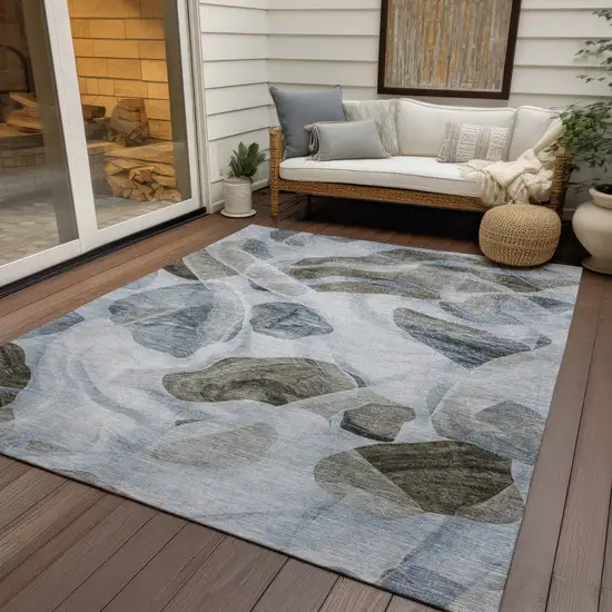 Sky Blue And Taupe Abstract Washable Indoor Outdoor Area Rug Photo 5