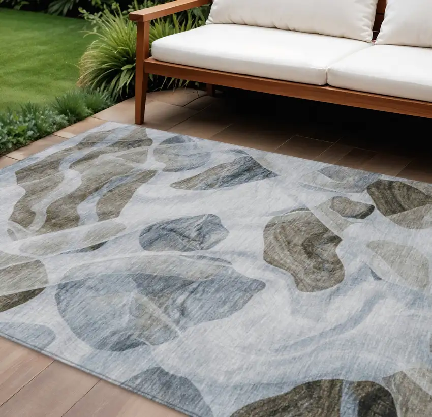 Sky Blue And Taupe Abstract Washable Indoor Outdoor Area Rug Photo 2