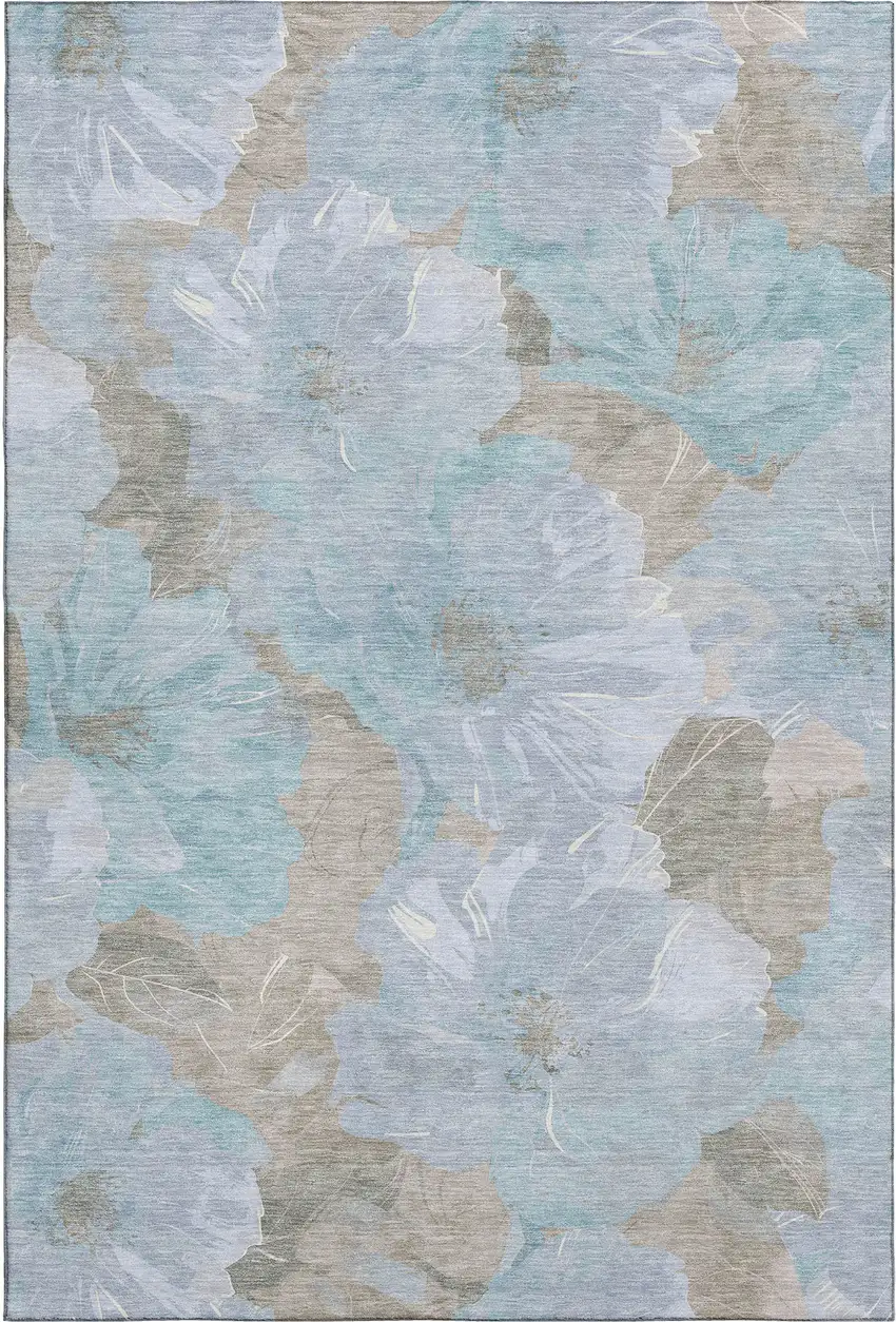 Sky Blue And Taupe Floral Washable Area Rug With UV Protection Photo 1