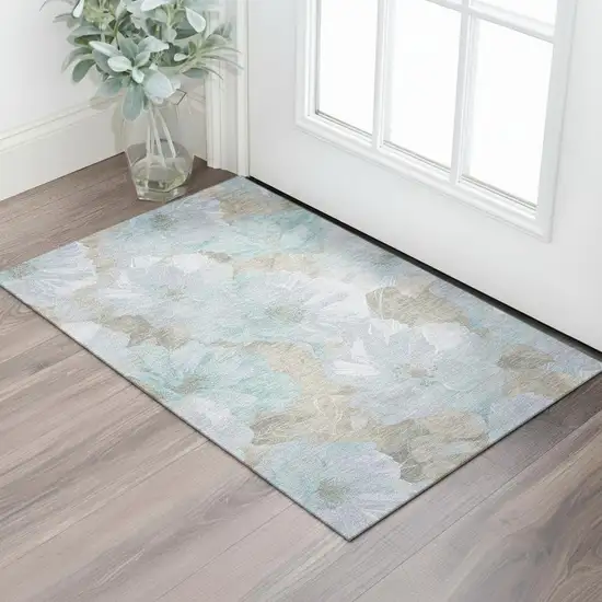 Sky Blue And Taupe Floral Washable Area Rug With UV Protection Photo 2