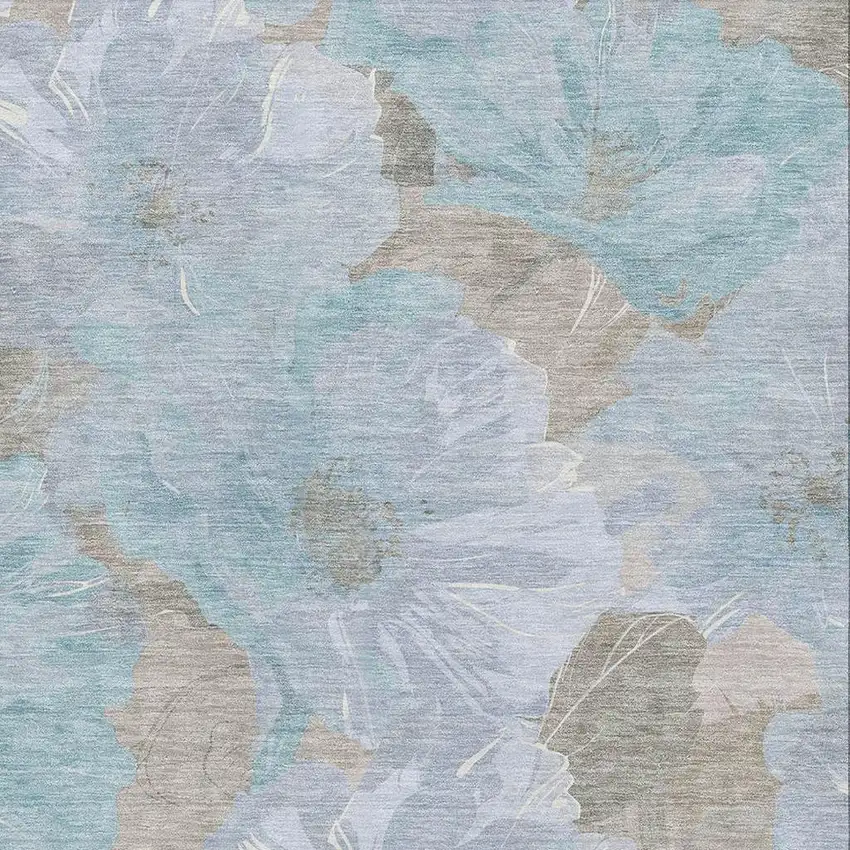 Sky Blue And Taupe Floral Washable Area Rug With UV Protection Photo 2