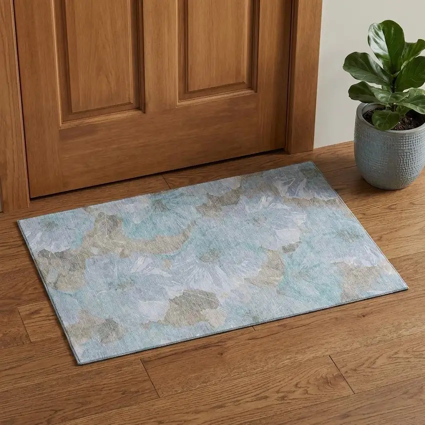 Sky Blue And Taupe Floral Washable Area Rug With UV Protection Photo 1