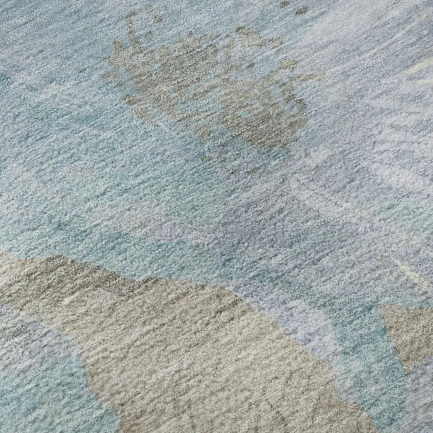 Sky Blue And Taupe Floral Washable Area Rug With UV Protection Photo 9