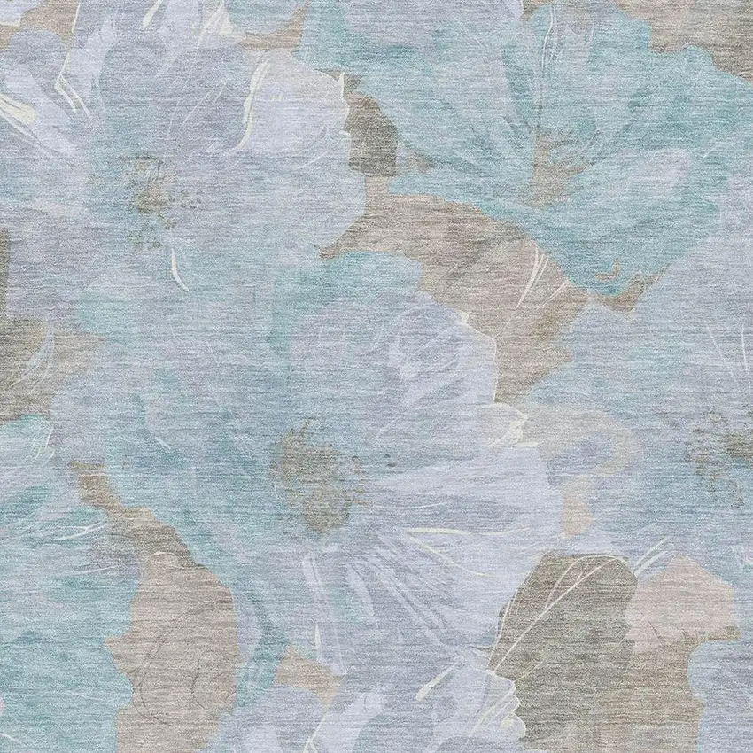 Sky Blue And Taupe Floral Washable Area Rug With UV Protection Photo 2