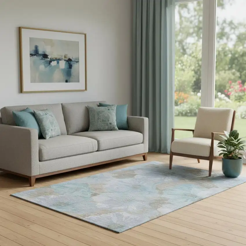 Sky Blue And Taupe Floral Washable Area Rug With UV Protection Photo 2