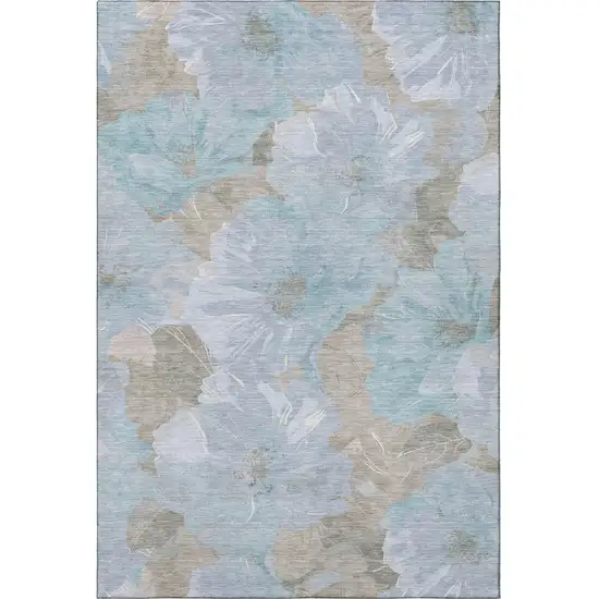 Sky Blue And Taupe Floral Washable Area Rug With UV Protection Photo 2