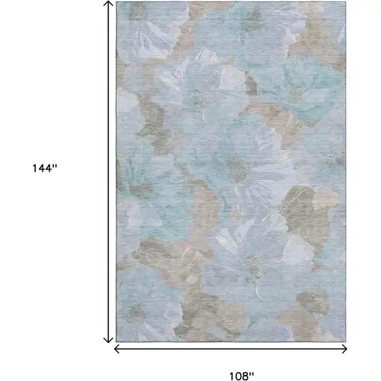 Sky Blue And Taupe Floral Washable Area Rug With UV Protection Photo 9