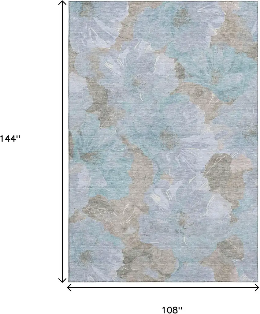 Sky Blue And Taupe Floral Washable Area Rug With UV Protection Photo 9