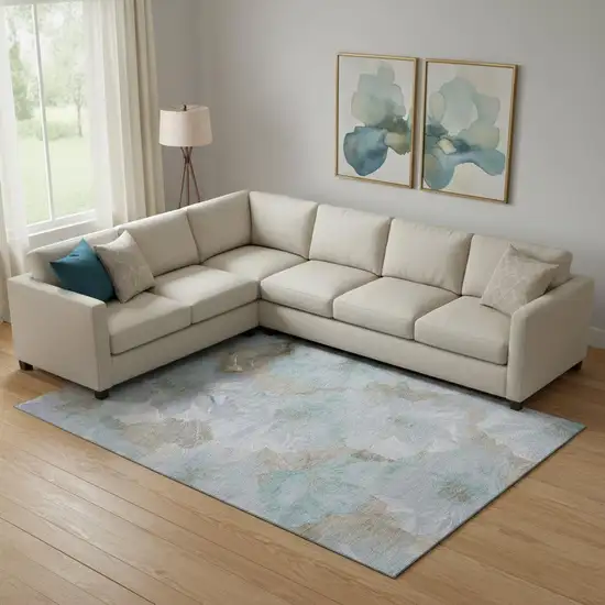 Sky Blue And Taupe Floral Washable Area Rug With UV Protection Photo 2